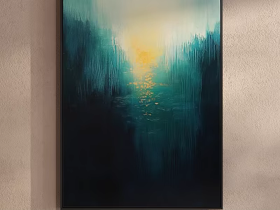 Abstract Painting with Deep Blue Green Vertical Brushstrokes and Golden Yellow Light Reflection 3d model