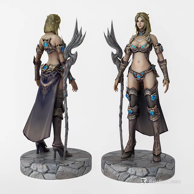 Game and Movie Character Blonde Hair Blue Gemstone Armor Robe Feathered Staff on Stone Pedestal 3d model 