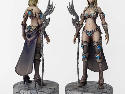 Game and Movie Character Blonde Hair Blue Gemstone Armor Robe Feathered Staff on Stone Pedestal 3d model