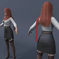 Game Movie Character With Red Hair White Top Black Skirt Red Scarf Front Back View