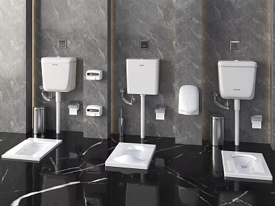 Modern Public Toilets With Wall Mounted Tanks Toilet Paper Holders Hand Soap Dispensers Marble Flooring 3d model