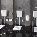 Modern Public Toilets With Wall Mounted Tanks Toilet Paper Holders Hand Soap Dispensers Marble Flooring