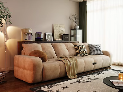 Beige Multi Seater Sofa with Cushions Throw Blanket Floor Lamp Window Curtains and Patterned Rug 3d model