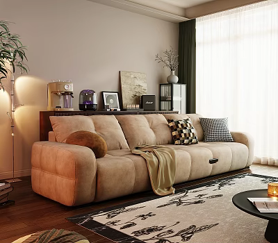 Beige Multi Seater Sofa with Cushions Throw Blanket Floor Lamp Window Curtains and Patterned Rug 3d model