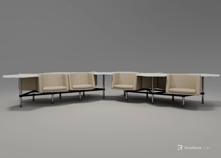 Modern Beige Upholstered Public Chairs With Metal Frame And Table Setup 3d model 