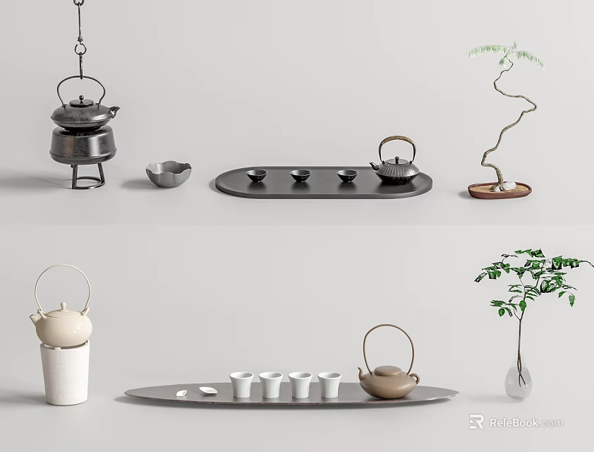 Elegant Modern Tea Set With Ceramic Teapots Cups Trays And Decorative Plants 3d model 