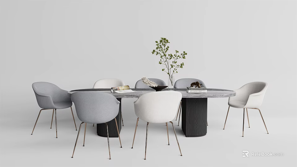 Modern Round Dining Table Set With Gray White Chairs Black Base And Small Plant 3d model
