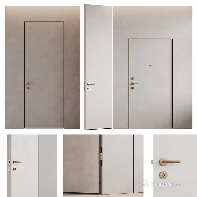 Modern Minimalist Hinged Doors with Smooth Light Beige Surface and Brass Handles 3d model 