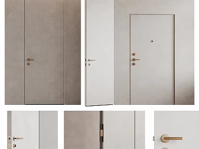 Modern Minimalist Hinged Doors with Smooth Light Beige Surface and Brass Handles 3d model
