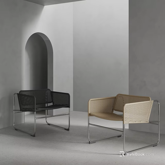 Modern Minimalist Dining Chairs With Woven Seats And Metal Frames In Gray Interior 3d model 