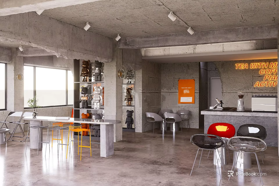 Modern Industrial Café Interior With Concrete Ceiling Tables And Orange Decor 3d model 