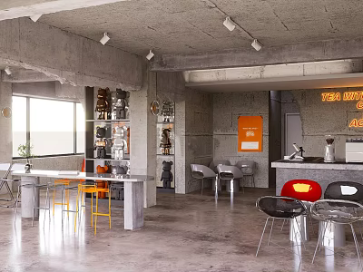 Modern Industrial Café Interior With Concrete Ceiling Tables And Orange Decor 3d model