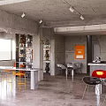 Modern Industrial Café Interior With Concrete Ceiling Tables And Orange Decor