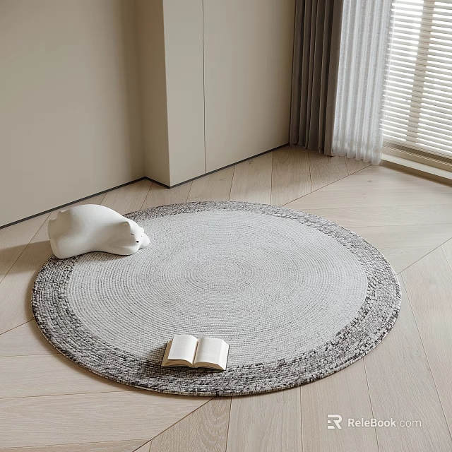 Gray Woven Round Rug On Wooden Floor With Open Book And White Sculpture 3d model 