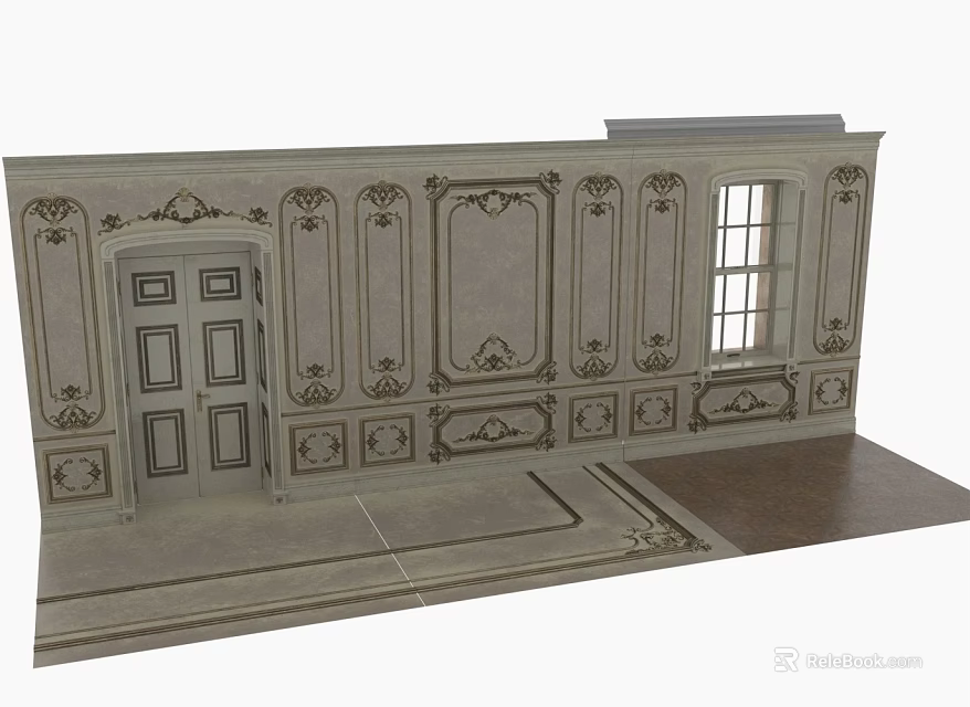 Elaborately Decorated Room with Symmetrical Carved Patterns Casement Window Double Door and Patched Flooring 3d model 