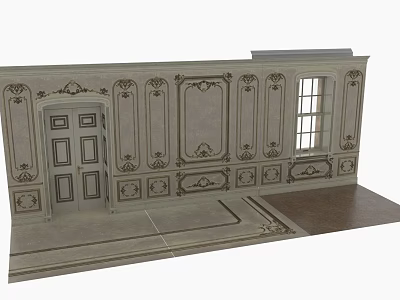 Elaborately Decorated Room with Symmetrical Carved Patterns Casement Window Double Door and Patched Flooring 3d model