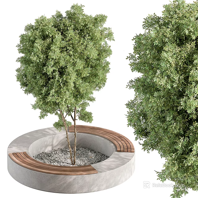 Outdoor Wooden Bench Surrounding Round Stone Structure With Green Trees In Garden 3d model 