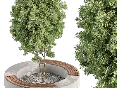 Outdoor Wooden Bench Surrounding Round Stone Structure With Green Trees In Garden 3d model