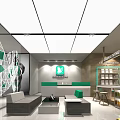 Modern Store Interior Design With Glass Walls Green Sign Yellow Chairs Lighting And Decor