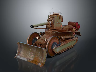 Vintage Rusted Military Tank With Front Shovel Cannon And Tracks 3d model