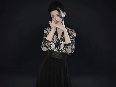 Elegant Woman Wearing Black Lace Top And Waist Accented Black Dress Standing Against Dark Background 3d model