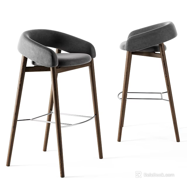 Modern Gray Bar Stools With Wooden Legs And Metal Footrest Design 3d model 