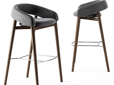 Modern Gray Bar Stools With Wooden Legs And Metal Footrest Design 3d model