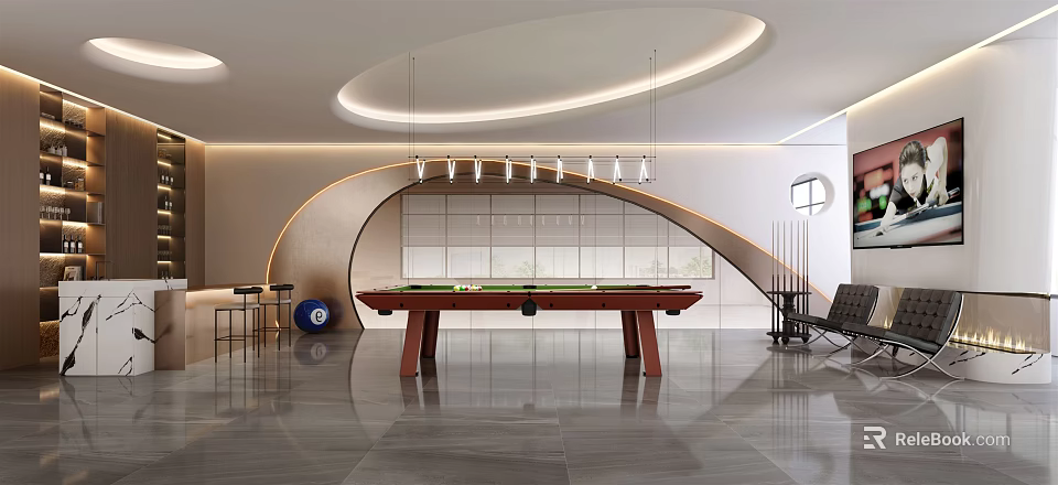 Modern Billiard Room Interior Design With Wooden Billiard Table Pendant Lights And Polished Floor 3d model 
