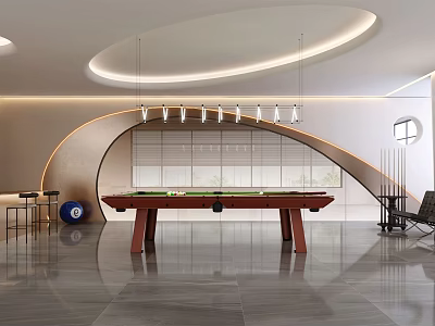 Modern Billiard Room Interior Design With Wooden Billiard Table Pendant Lights And Polished Floor 3d model