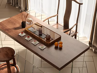 Wooden Tea Table and Chairs with Set Tray Cups Oranges in Bright Room Natural Light 3d model