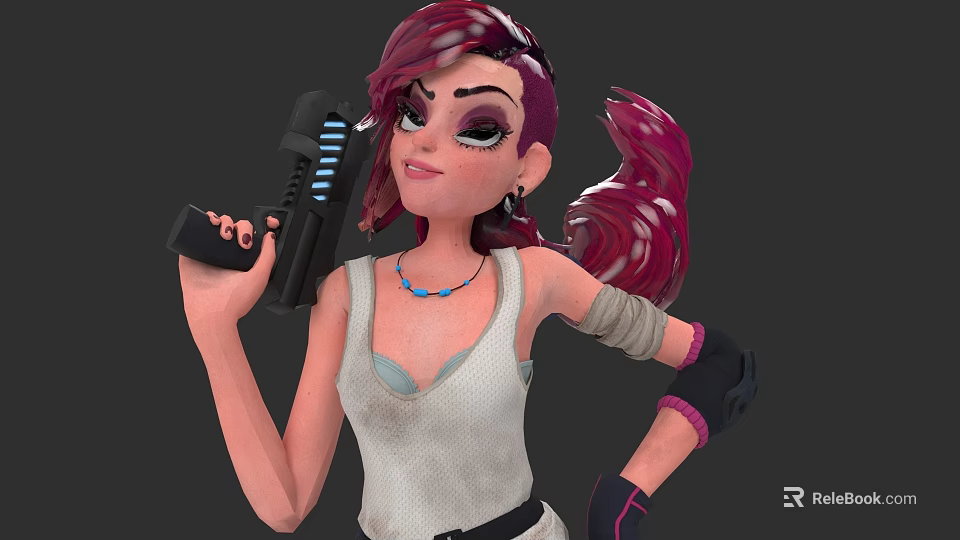 Woman with red ponytail wearing white tank top holding black gun with blue lights 3d model 