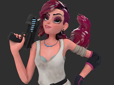 Woman with red ponytail wearing white tank top holding black gun with blue lights 3d model