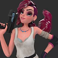 Woman with red ponytail wearing white tank top holding black gun with blue lights