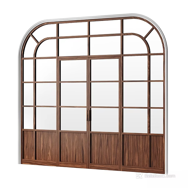 Wooden Framed Room Divider With Arched Top And Glass Panes For Interior Design 3d model 