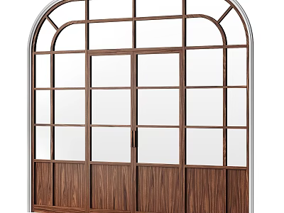 Wooden Framed Room Divider With Arched Top And Glass Panes For Interior Design 3d model