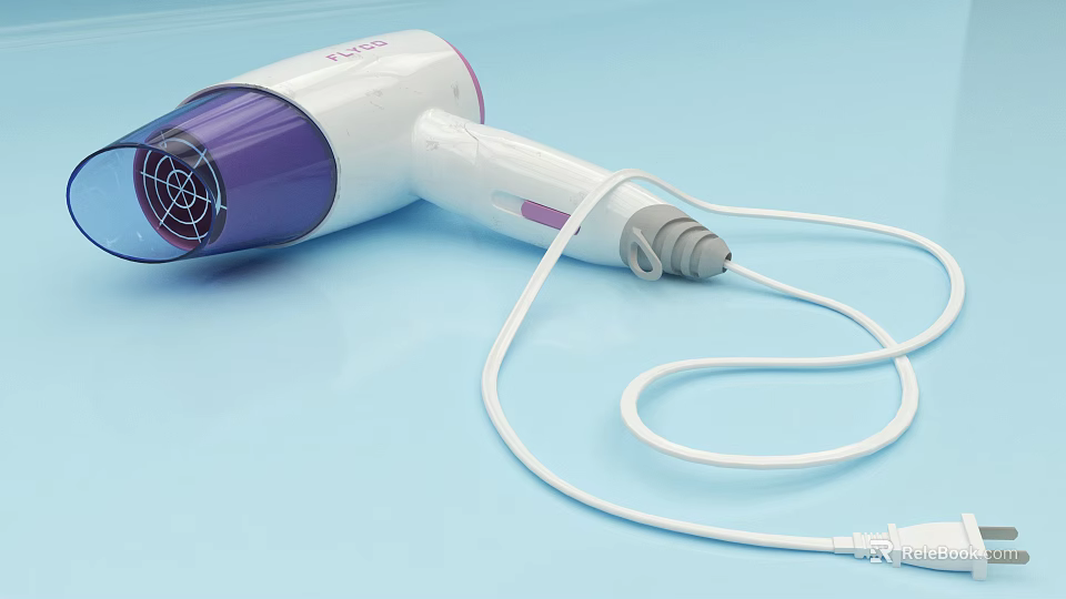 Stylish White And Purple Hair Dryer For Daily Use With Power Cord 3d model 