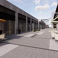 Modern Commercial Street With Red Teddy Bear Shops And Pedestrian Walkway