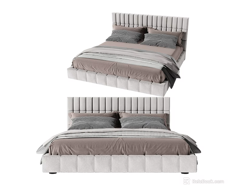 Modern Double Bed with Striped Headboard and Gray Beige Bedding Design 3d model