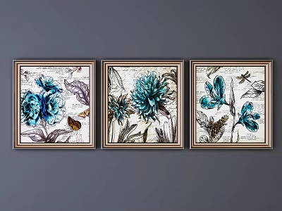 Three Golden Framed Botanical Paintings With Blue Flowers Butterfly And Dragonfly On Gray Wall 3d model