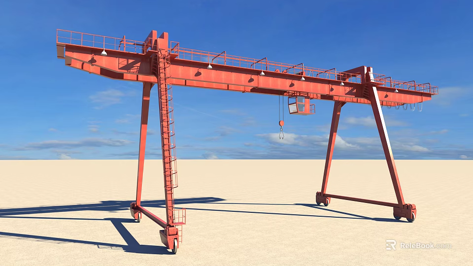 Red Gantry Crane Industrial Equipment With Ladder Wheels And Sandy Ground Background 3d model 