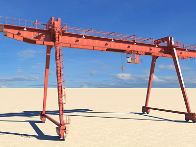 Red Gantry Crane Industrial Equipment With Ladder Wheels And Sandy Ground Background 3d model