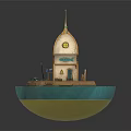 Cartoon Scene of Small Floating Island With Turquoise Curved Roof House Porch And Street Lamp