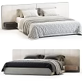 Stylish Double Bed with Light Upholstered Headboard Gray Quilted Bedspread and Dark Nightstand