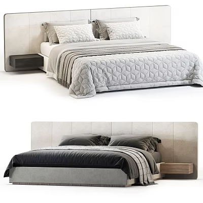 Stylish Double Bed with Light Upholstered Headboard Gray Quilted Bedspread and Dark Nightstand 3d model