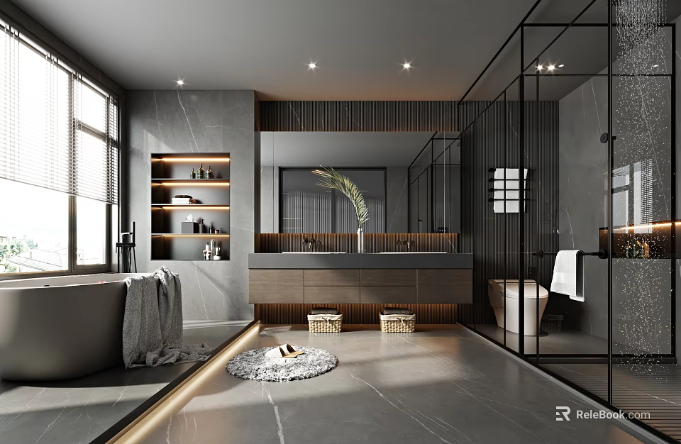 Modern Bathroom Interior With Gray Marble Walls Double Vanity Glass Shower And Bathtub 3d model 