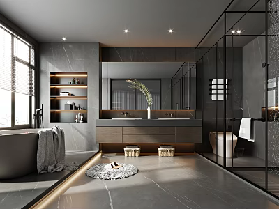 Modern Bathroom Interior With Gray Marble Walls Double Vanity Glass Shower And Bathtub 3d model