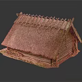 Traditional Wooden House Model With Thatch Roof Grass Around Base And Wooden Structure
