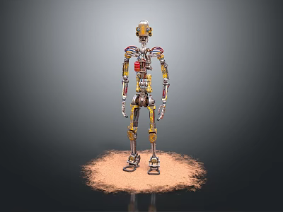 Mechanical Robot Character With Skeletal Structure And Metallic Components On Sandy Base 3d model