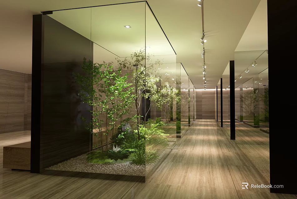 Indoor Landscape Design With Glass Partitions Lush Green Plants And Wooden Flooring 3d model 