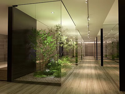 Indoor Landscape Design With Glass Partitions Lush Green Plants And Wooden Flooring 3d model